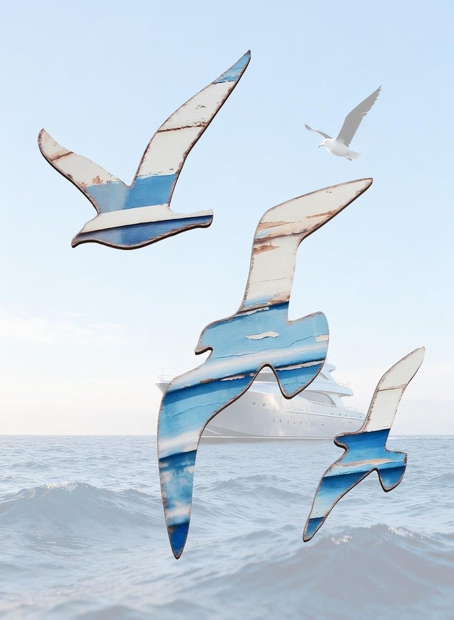 OQUQO 3Pcs Wooden Seagull Wall Art Decor Set, Rustic Coastal Birds with Metal Hooks, Beach House Bathroom Ocean Theme Hanging Decoration (GradientSeagull) - Image 1